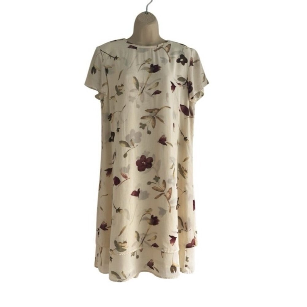 Vintage Coldwater Creek Woman's Sz 8 Cream Floral A Line Chiffon Tiered Dress